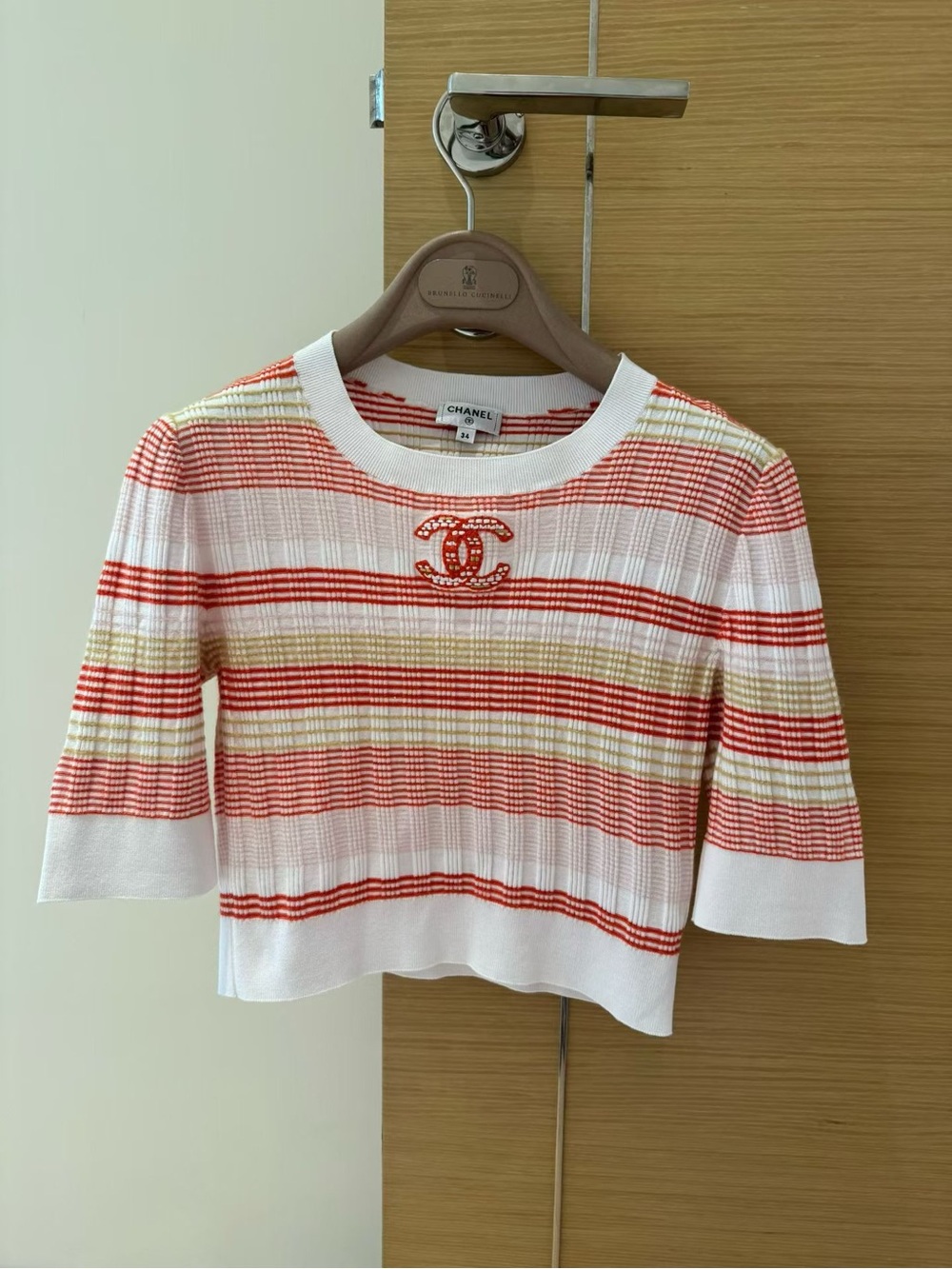 CHANEL Striped Knit Crop Top in White, Red, Yellow